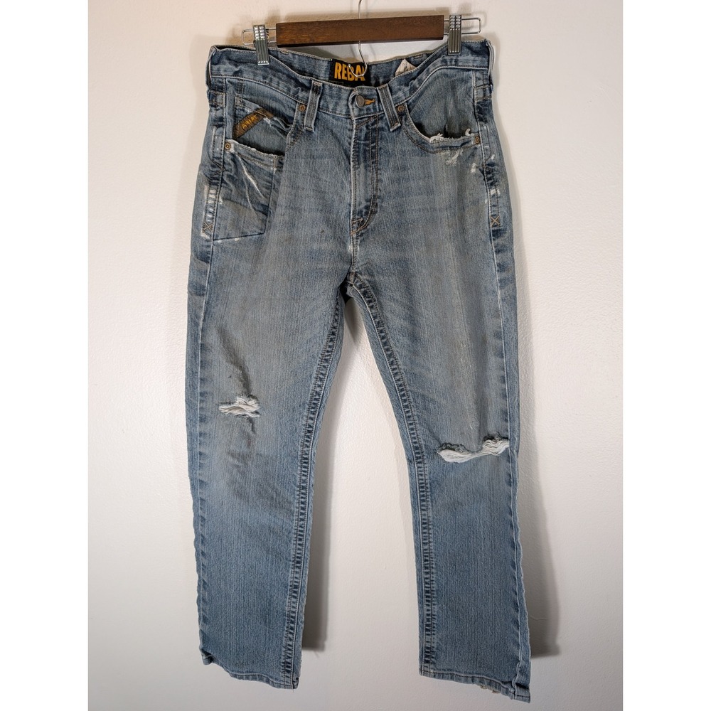 Ariat Rebar M5 Slim Straight Jeans Mens 33x32 Fits 32×31 Medium Wash Distressed
